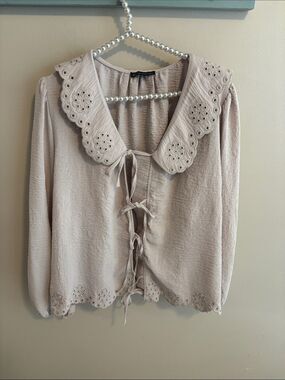 Adrianna Papell 2X Blouse Tan Eyelet Scalloped Peter Pan Collar Tie Front Top